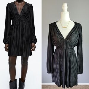 ZARA // black silky pleated plunge long sleeved mini dress